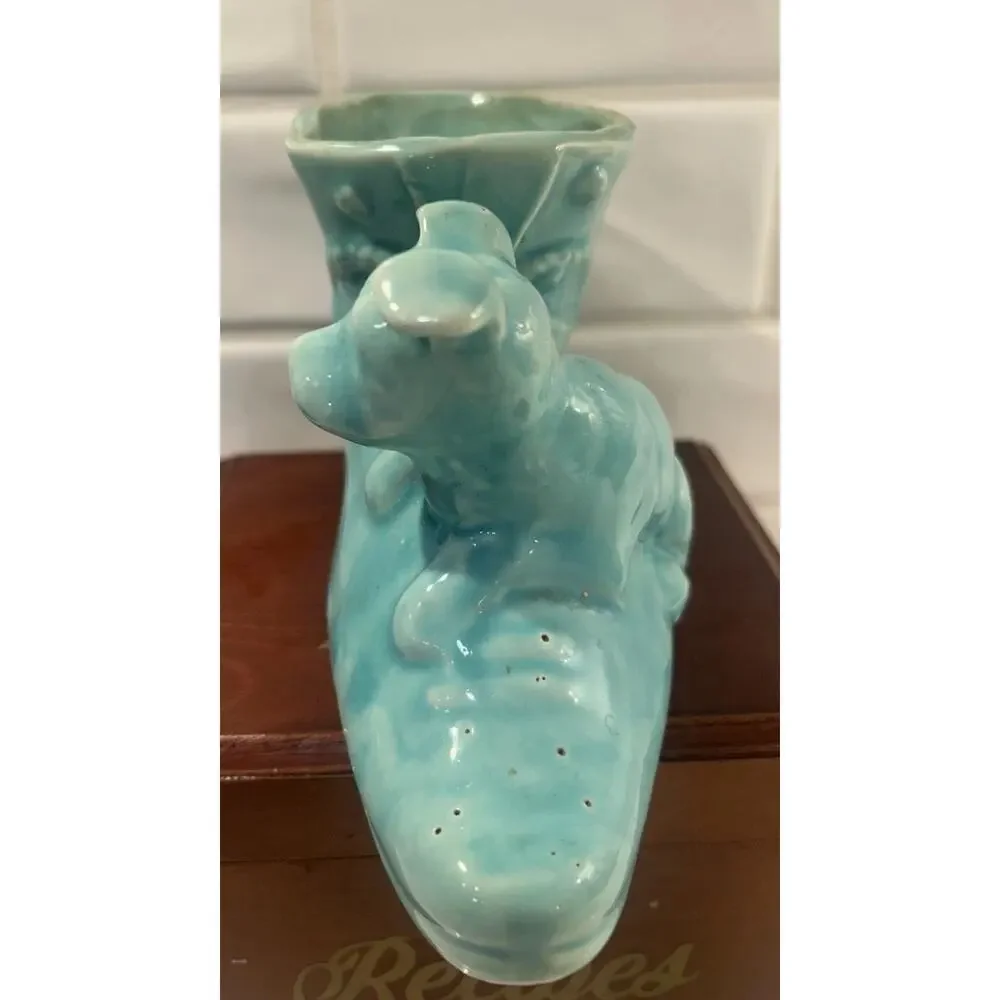 Vintage USA‎ Pottery Blue Ceramic Shoe With Dog Planter With Bow
